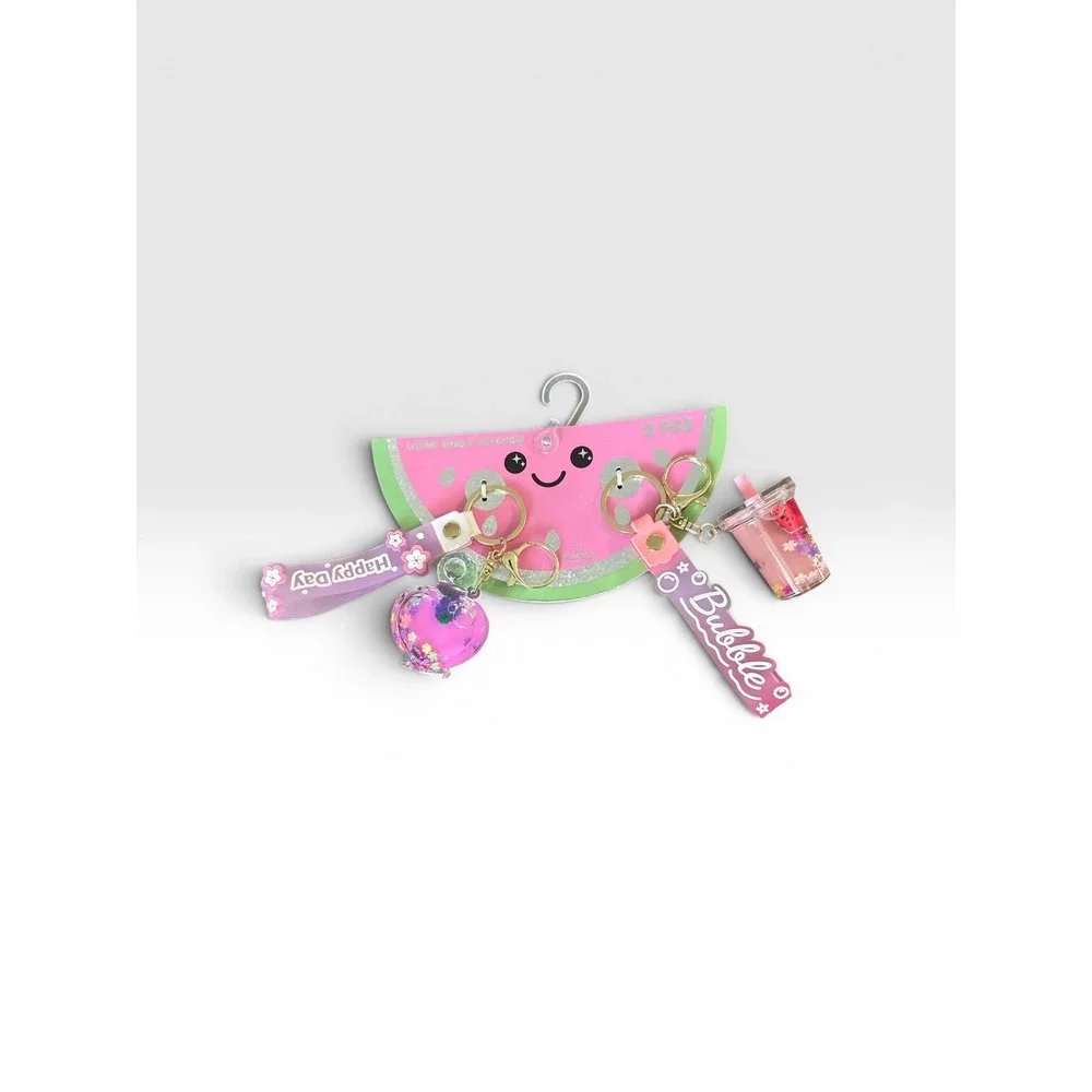 2PC Liquid Shake Keychain Set Heart Grape Watermelon Bubble Tea Kawaii Charms